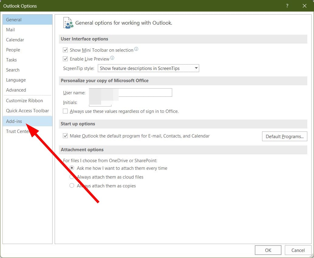 Раздел «Надстройки» в Outlook