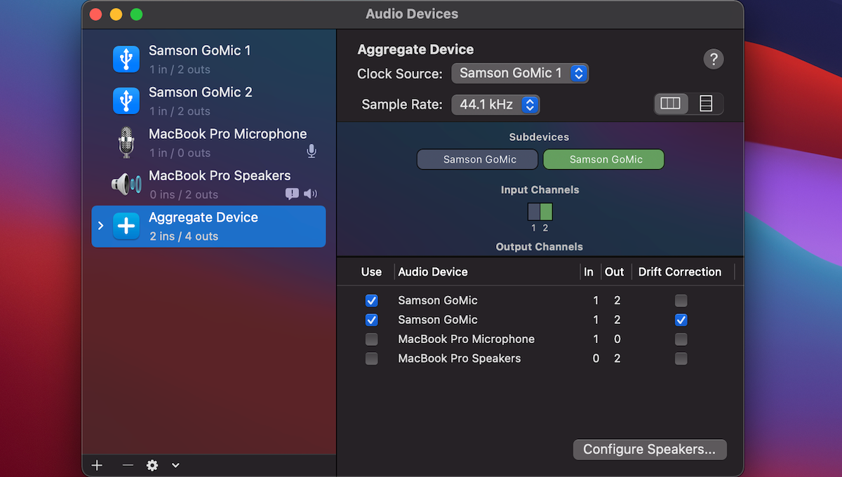 Добавление двух аудиоустройств в Aggregate Device в Audio MIDI Setup