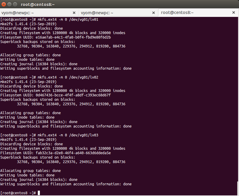Выполнение mkfs.ext4 на логических томах