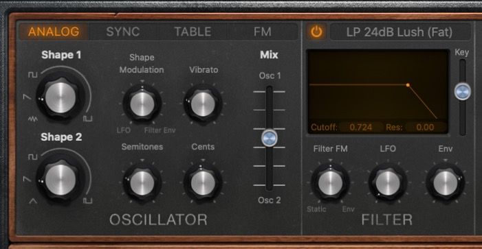 Разделы осцилляторов и фильтра в режиме Analog в Retro Synth
