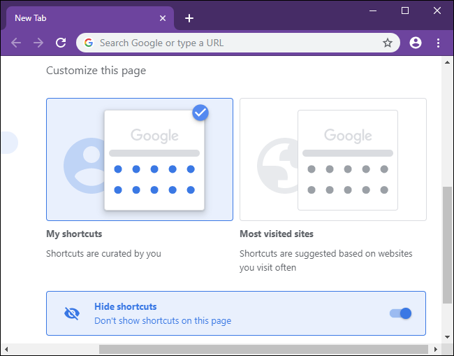 Параметры отображения ярлыков на странице новой вкладки