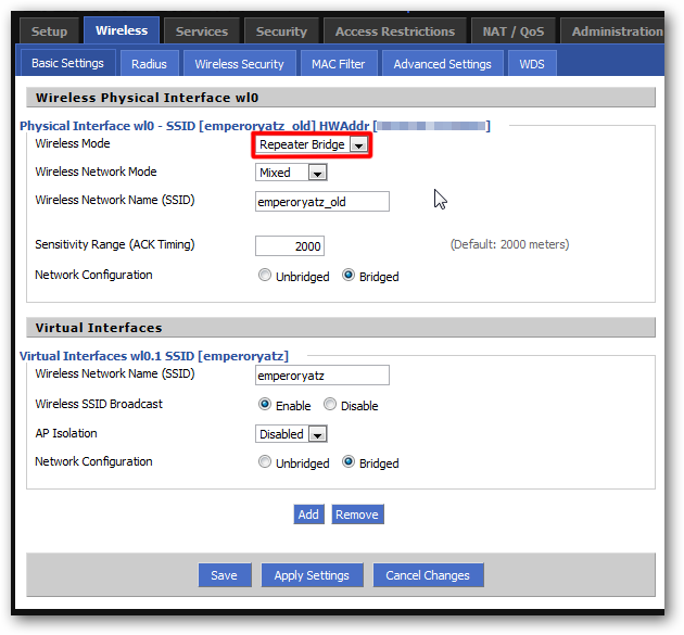 Режим Repeater Bridge в интерфейсе DD‑WRT