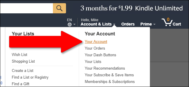 Меню 'Account & Lists' и пункт 'Your Account' на Amazon