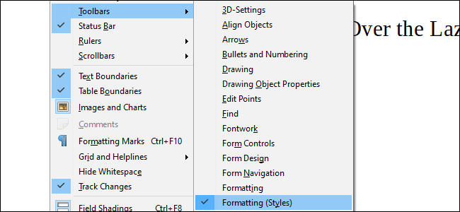 Включение панели форматирования через меню Вид