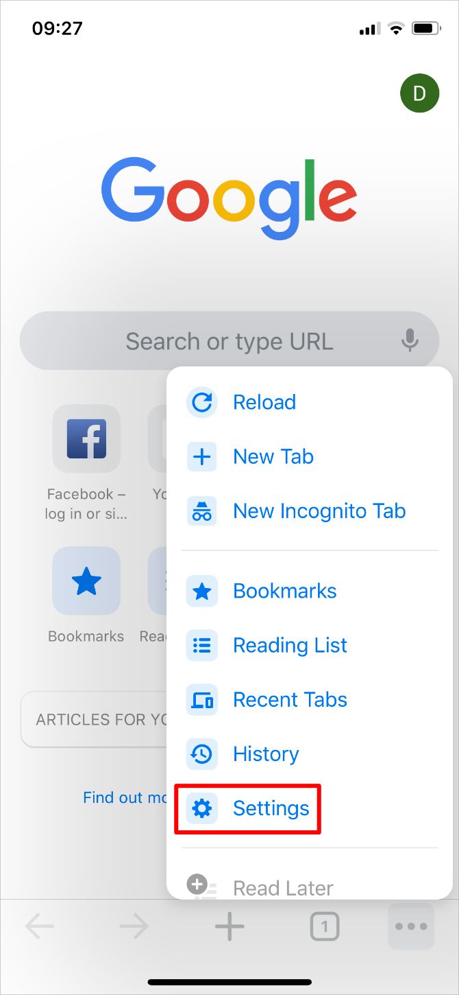 Опция Настройки в Google Chrome