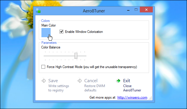 Окно Aero8Tuner: выбор основного цвета