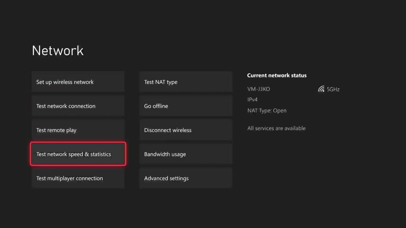 Экран сетевых настроек с выделенной опцией Test Network Speed and Statistics