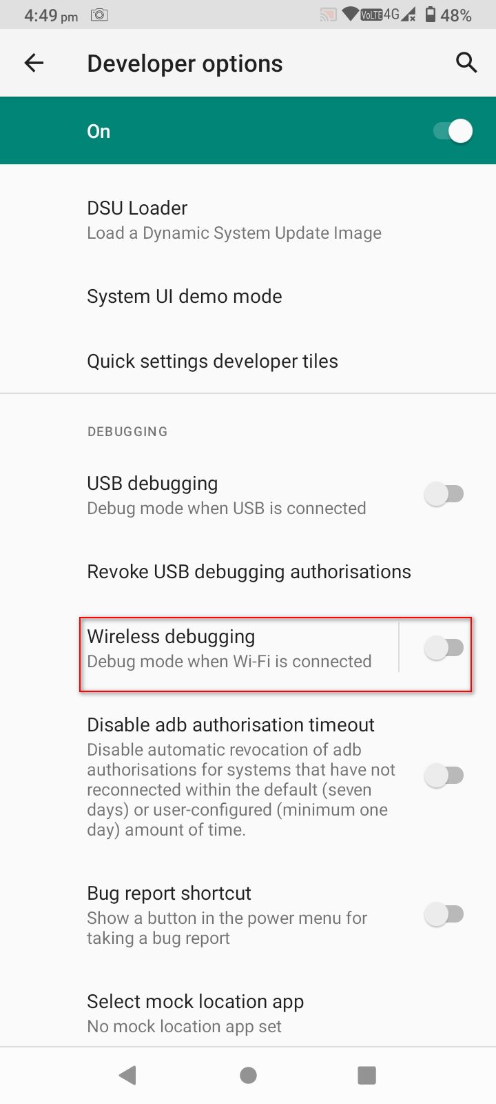 Включение беспроводной отладки на Android