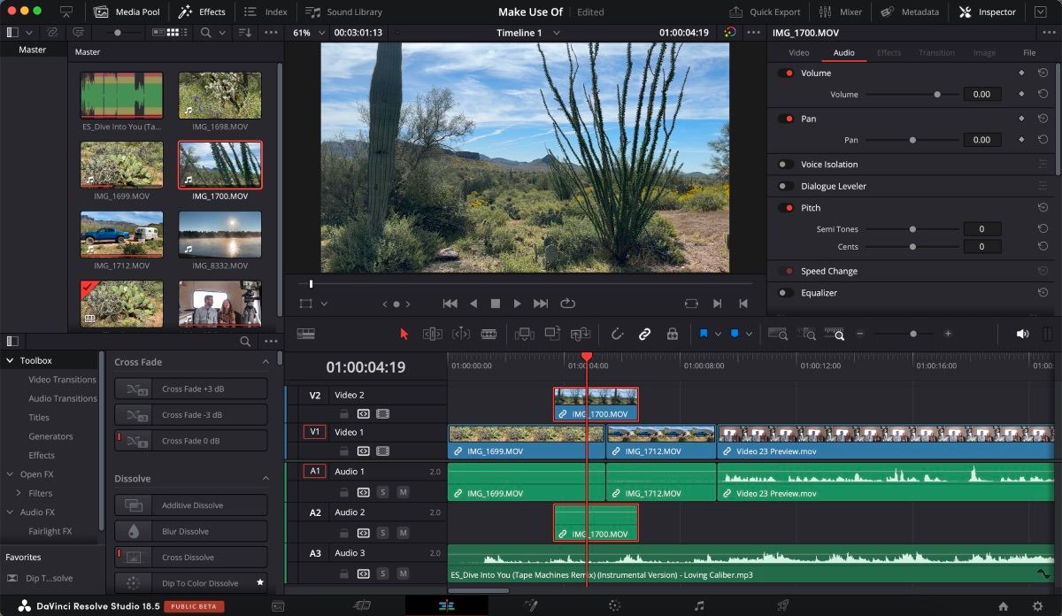 Страница монтажа DaVinci Resolve с вкладками медиа, инспектор и эффекты