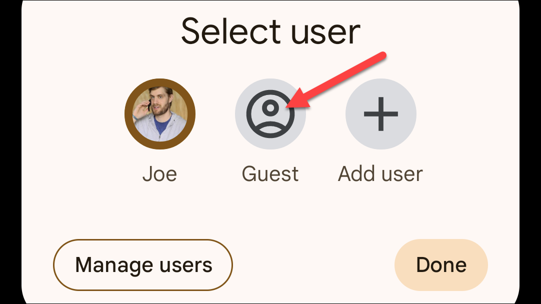 Выберите «Гость» в меню переключения пользователей