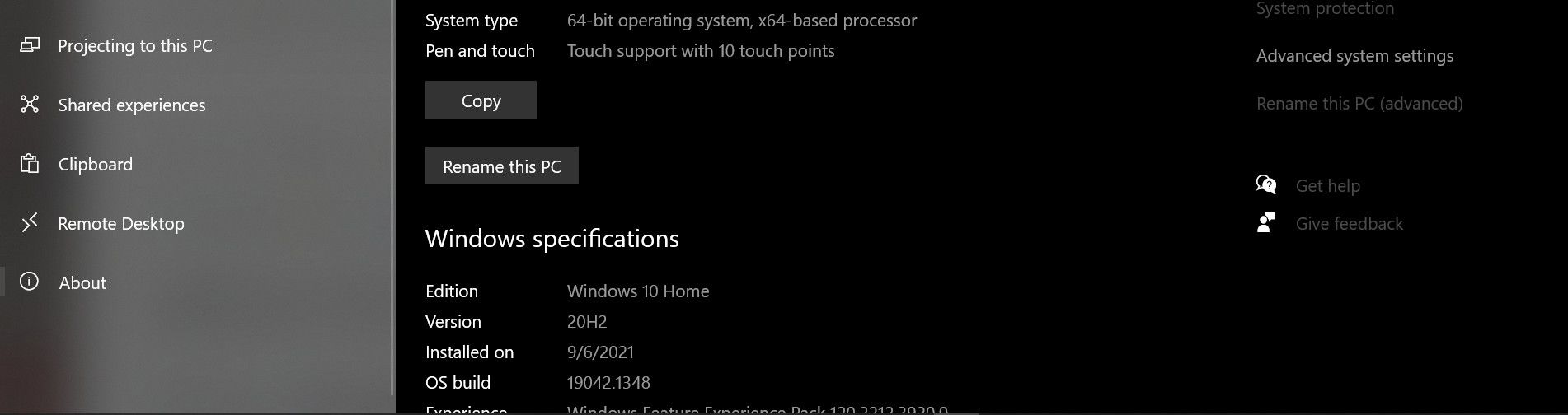 Раздел «О системе» в настройках Windows