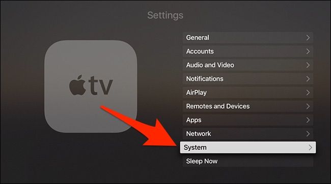 Раздел «Система» в настройках Apple TV с вариантами управления