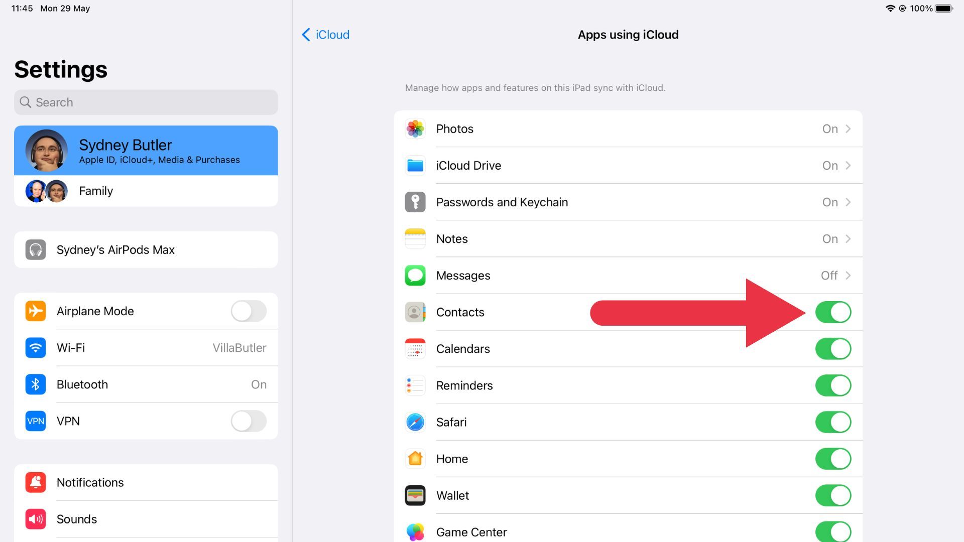 Переключатель синхронизации iCloud для отдельного приложения