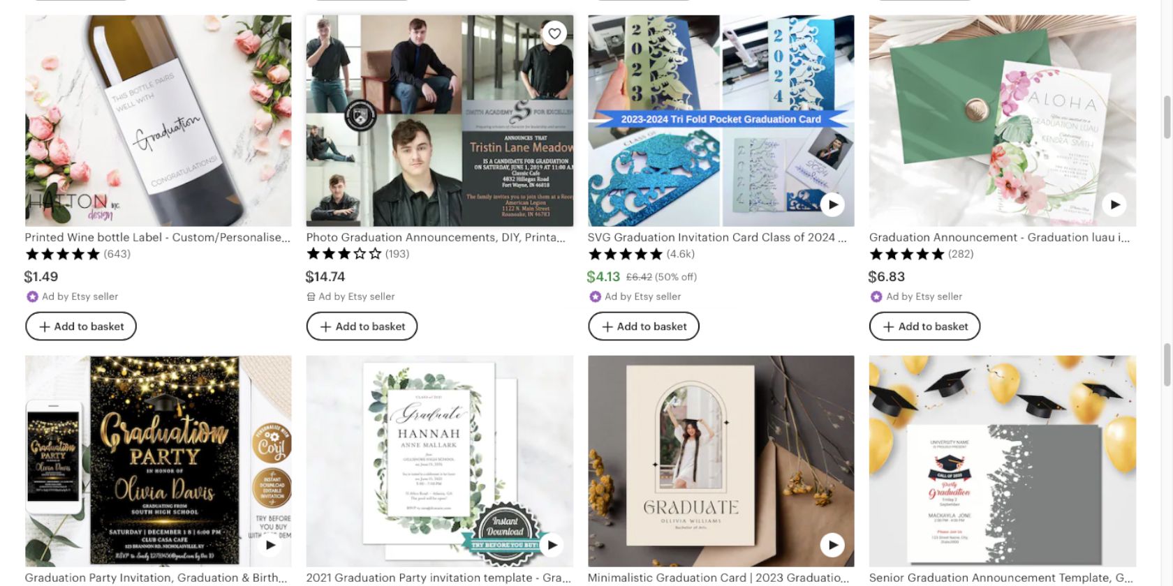 Etsy graduation announcement listings