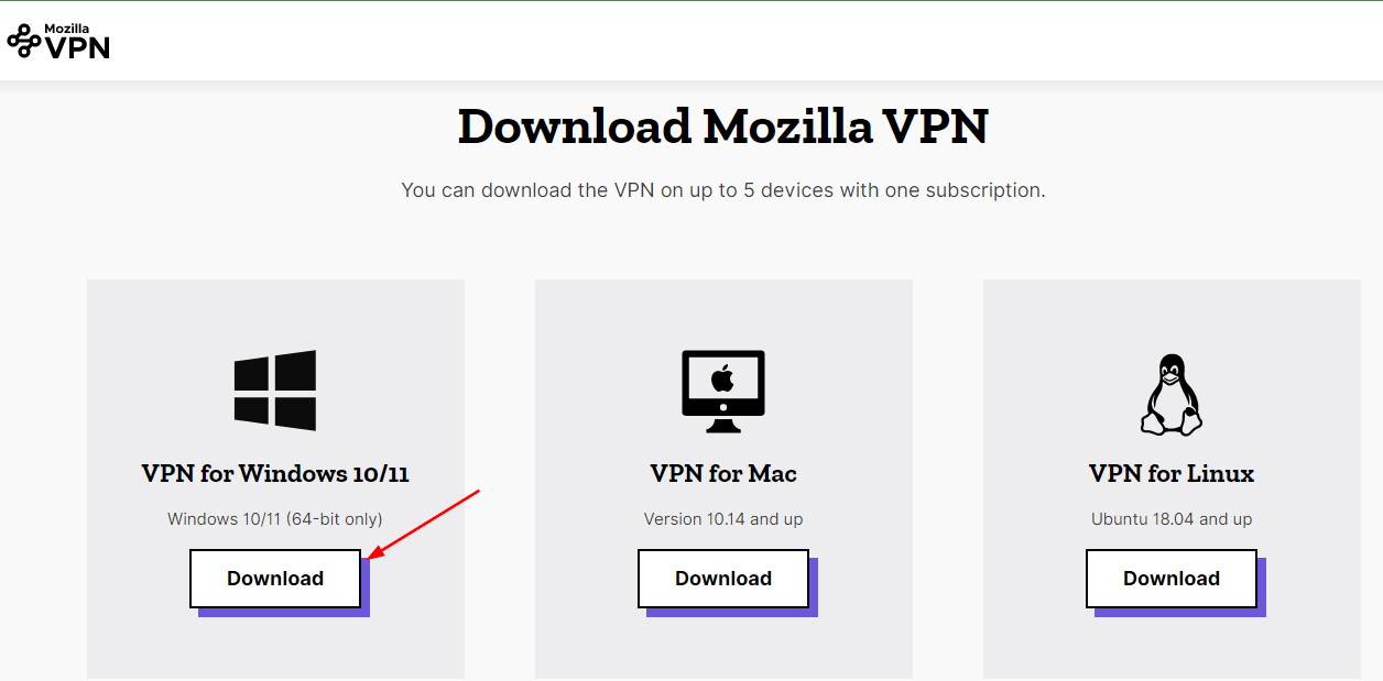 Кнопка «Download VPN for Windows 10/11» на странице загрузки