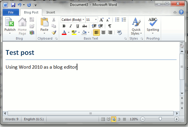 Интерфейс редактора блогов в Word 2010