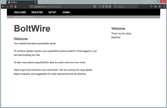 Página de bienvenida del sitio BoltWire