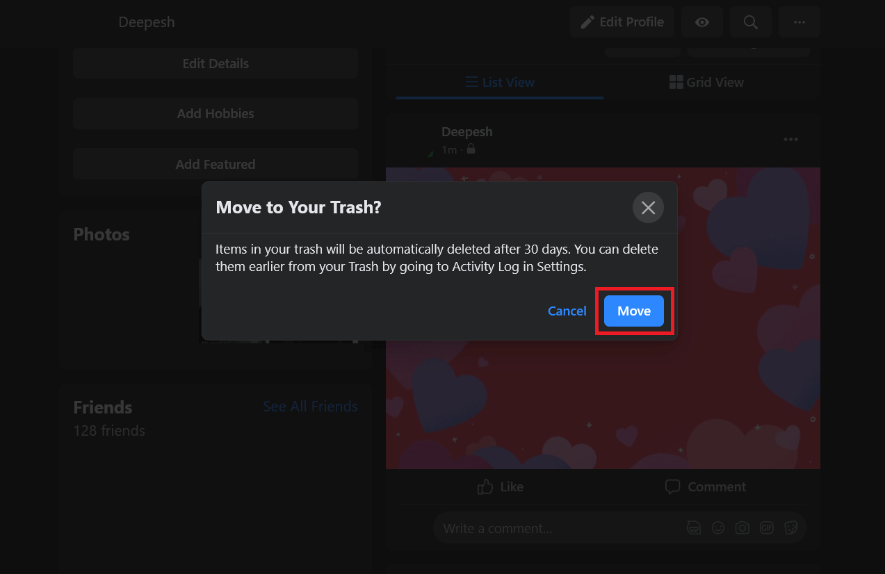 Перенос публикации в корзину на сайте Facebook