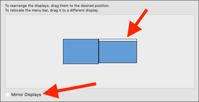Перетащите белый прямоугольник и включите Mirror Displays при необходимости