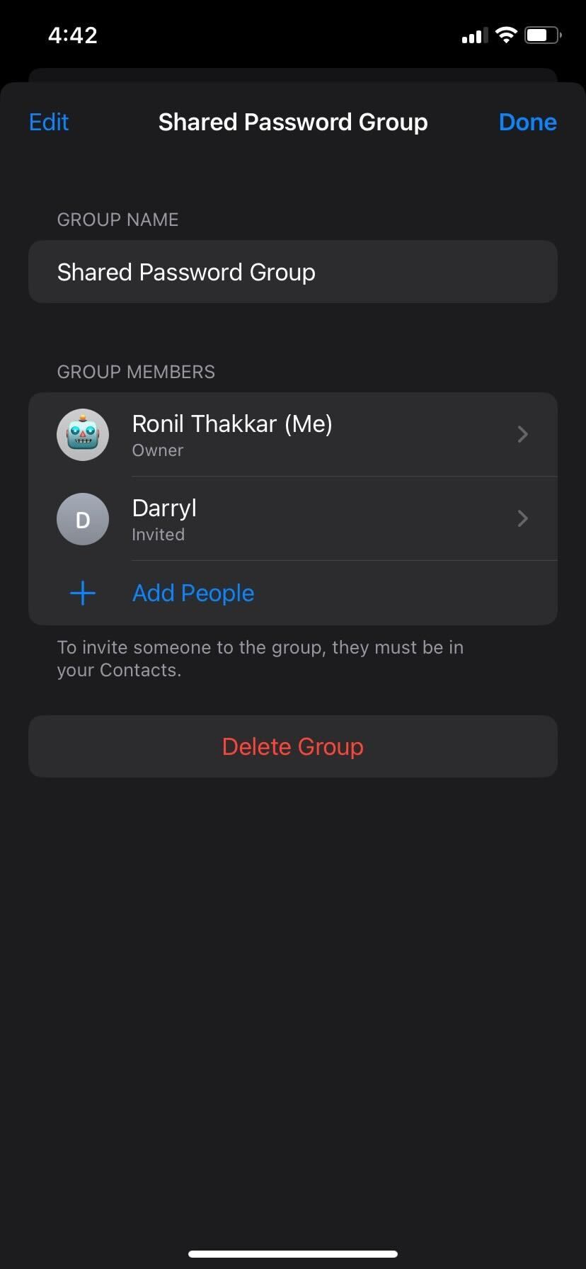 iPhone Shared Password Add People Button