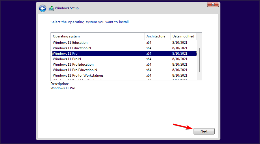 Selezione della versione di Windows durante l'installazione