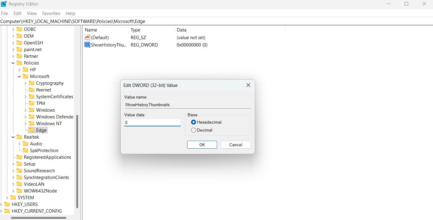 Данные значения ShowHistoryThumbnails в Редакторе реестра