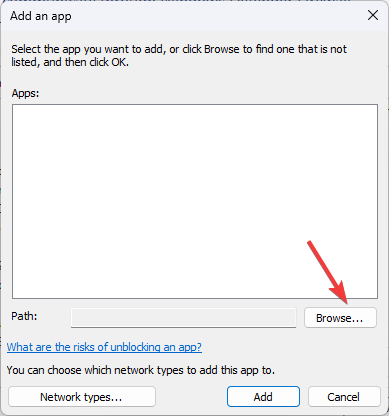 Выбор файла Roblox в брандмауэре