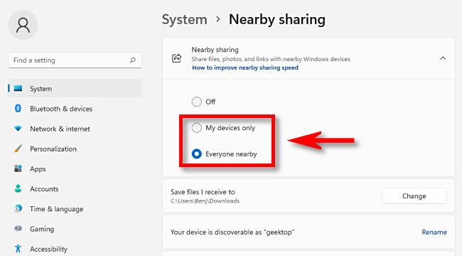В Система > Nearby Sharing выберите Мои устройства или Все рядом