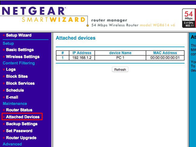 Меню Attached Devices в роутере Netgear.