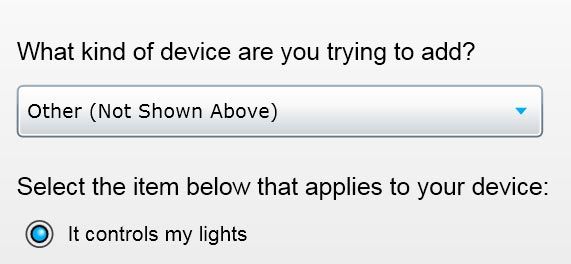 Выбор типа устройства: другое и управление светом