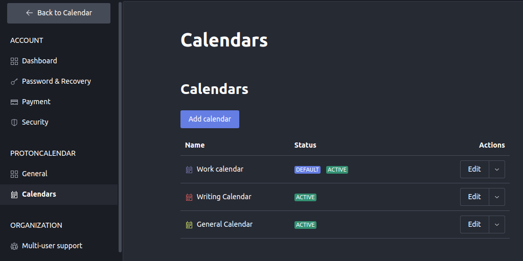 Меню настроек календаря в ProtonCalendar