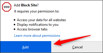 Подтверждение установки расширения Block Site
