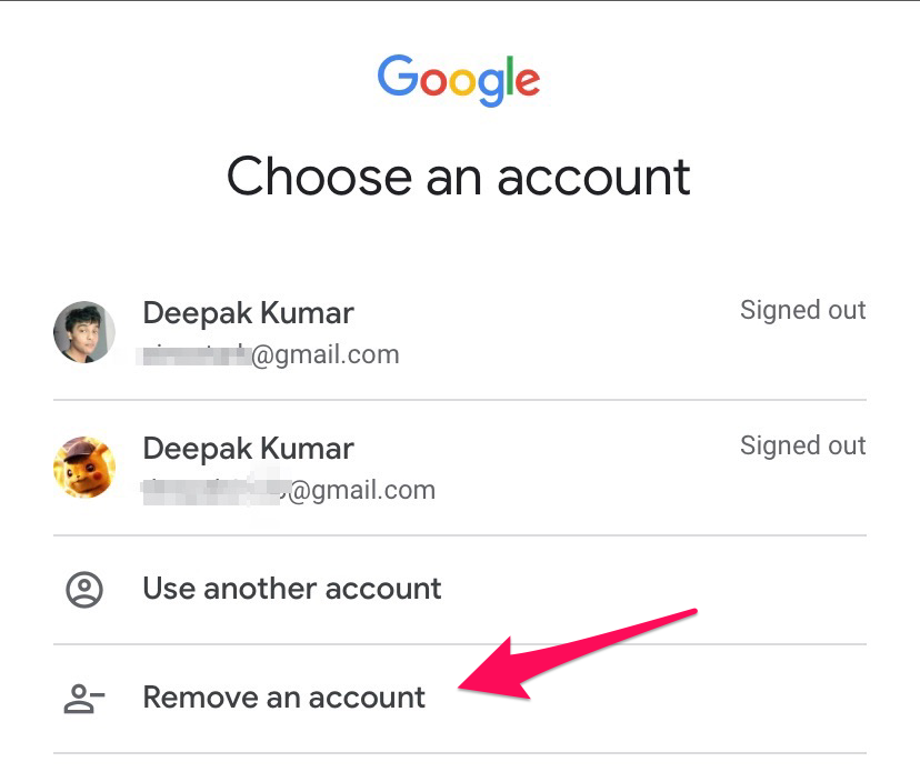 Кнопка удалить аккаунт на странице выбора аккаунта Gmail в браузере