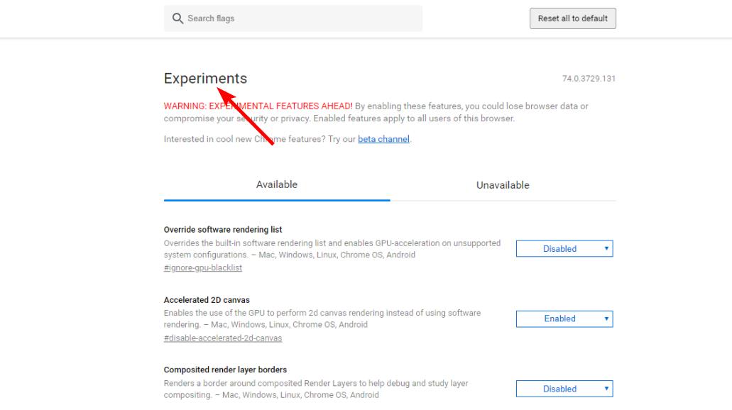 Страница chrome://flags — эксперименты Chrome