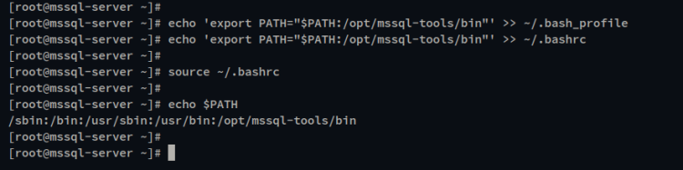 Скриншот: добавление /opt/mssql-tools/bin в PATH и проверка