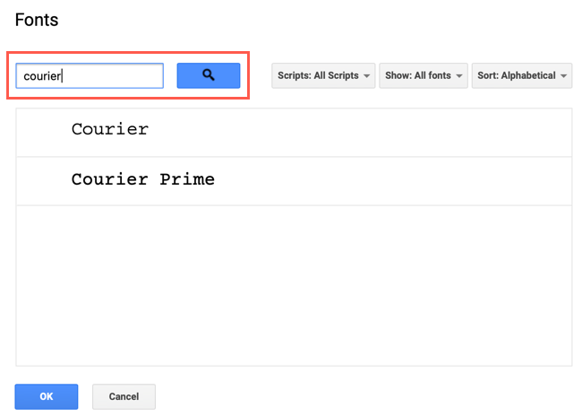 Поле поиска шрифтов