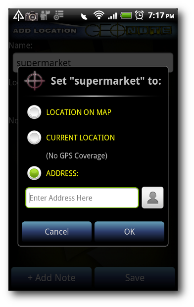 Опции определения местоположения: GPS, WiFi, адрес
