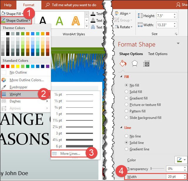 Панель Формат фигуры с настройкой ширины линии до 20 пт