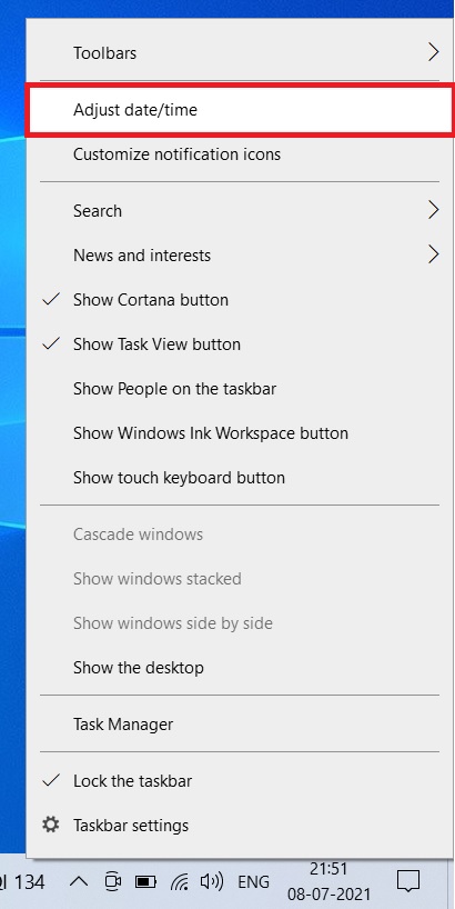 Windows 날짜 및 시간 설정 화면 스크린샷