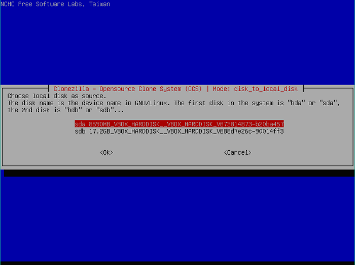 выбор исходного диска в Clonezilla