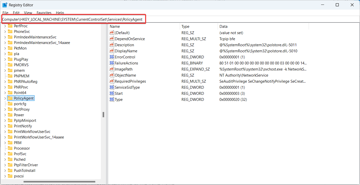 Папка PolicyAgent в редакторе реестра