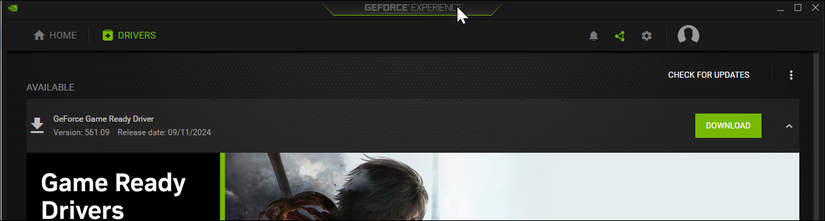Приложение Nvidia GeForce Experience со вкладкой «Драйверы» в Windows 11