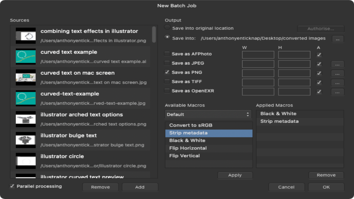 applying macros to batch job in affinity photo