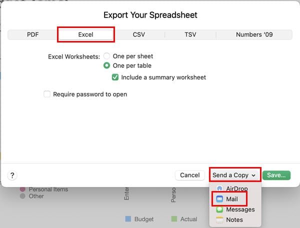 Диалог 'Отправить копию' через Mail/AirDrop в Numbers