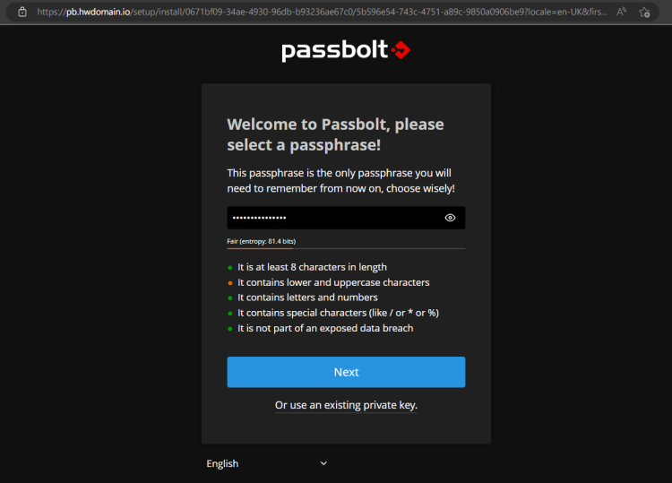 Мастер просит ввести секретную фразу для GPG ключа Passbolt