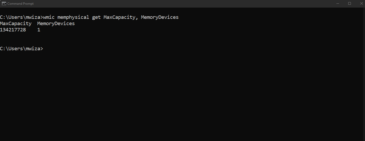 Вывод команды, показывающей допустимый объём ОЗУ в Windows