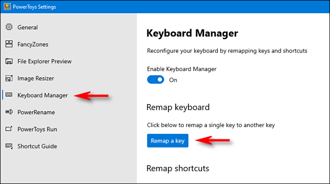 Выбор Keyboard Manager в Microsoft PowerToys