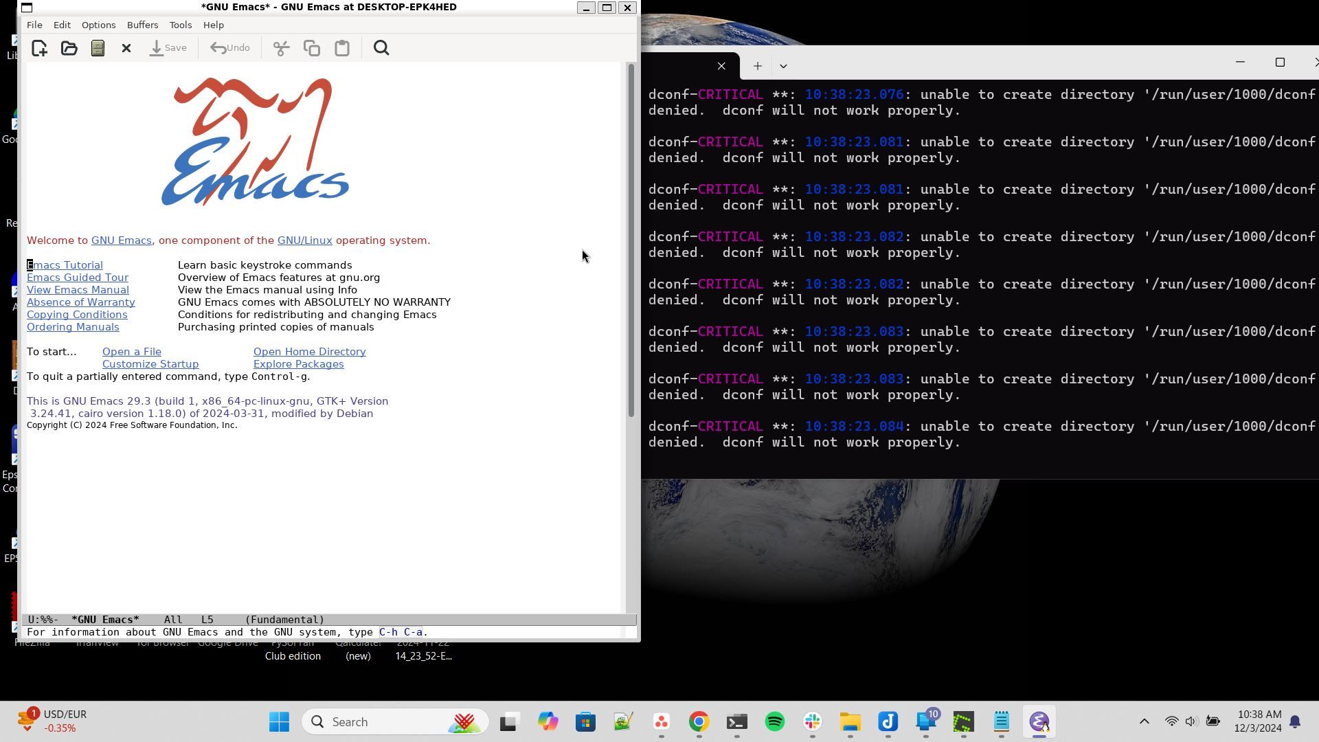 GNU Emacs запущенный из WSL.