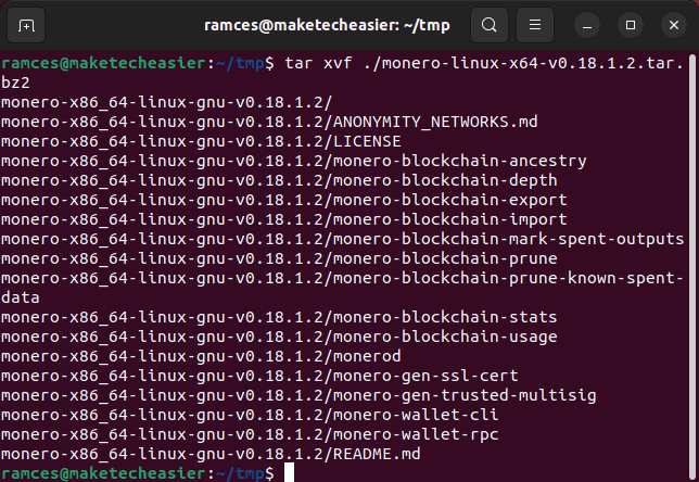Изображение: распаковка архива Monero и просмотр каталога с бинарниками