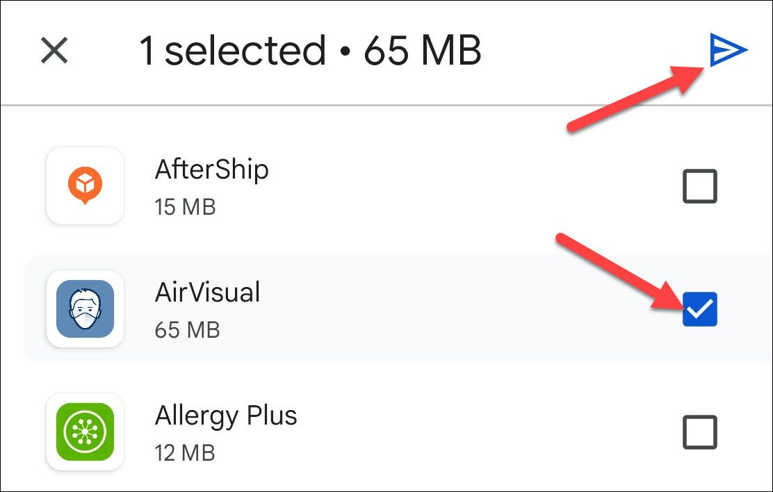 Выбор приложений и нажатие иконки отправки